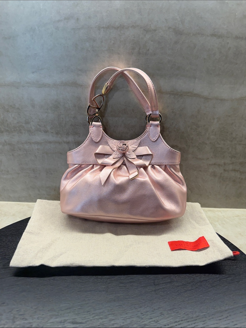 Valentino Garavani Metallic Pink Leather Bow-Accent Shoulder Bag